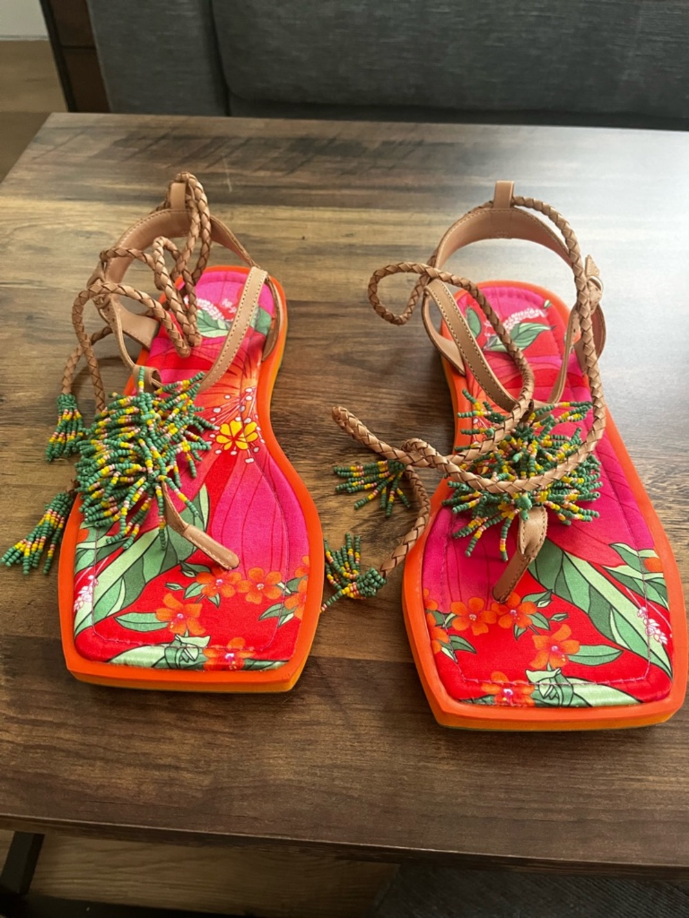 Farm Rio Bright Pink Floral Beaded Lace-Up Sandals